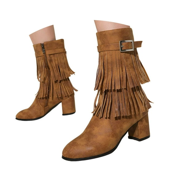 YLYL Womens Mid Calf Boots with Tassel Pointed Toe Chunky Mid Heel Fashion Western Cowboy Cowgirl Boots