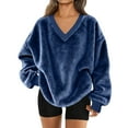 thumbnail image 2 of WTOBBY Women's V-Neck Sweatshirt Plush Solid Color Casual Fashion Long Sleeve with Pocketed Pullover Top, Soft Fleece Fabric for Warmth, Cozy Wear for Fall and Winter,Dark Blue S, 2 of 5