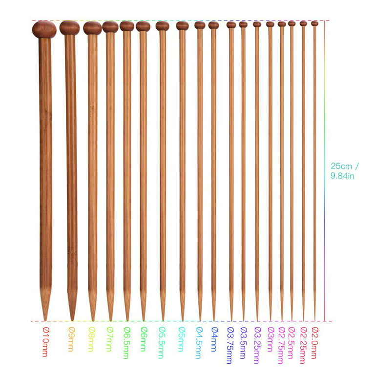 Single Point Bamboo Knitting Needle 9 inch, 18 Pairs Carbonized Straight Wooden Knitting Needles US Size 0-15 (2.0-10.0mm), Beginners Knitting