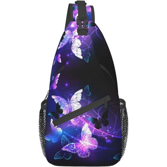 Purple Butterfly Glow In Dark Sling Bag Crossbody Hiking Travel Chest Bags Backpack Shoulder Daypack for Women Men