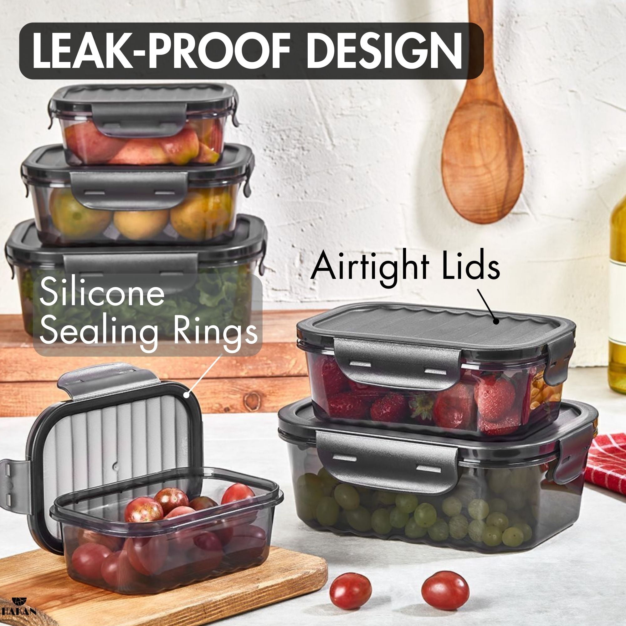6-Pack Food Storage Containers, Airtight Locking Lids, Stackable Leakproof Prep Boxes, Clear Black