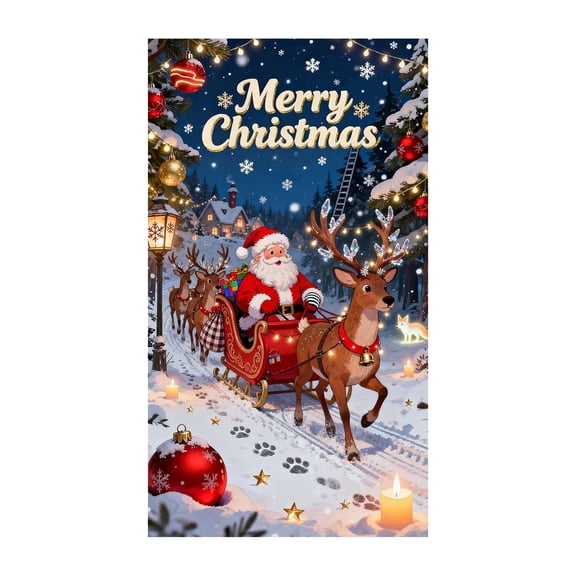 Christmas Door Cover With Santa Sleigh Design Elastic Stretchy Fabric For Front Door Holiday Decor(Blue-90x180cm)