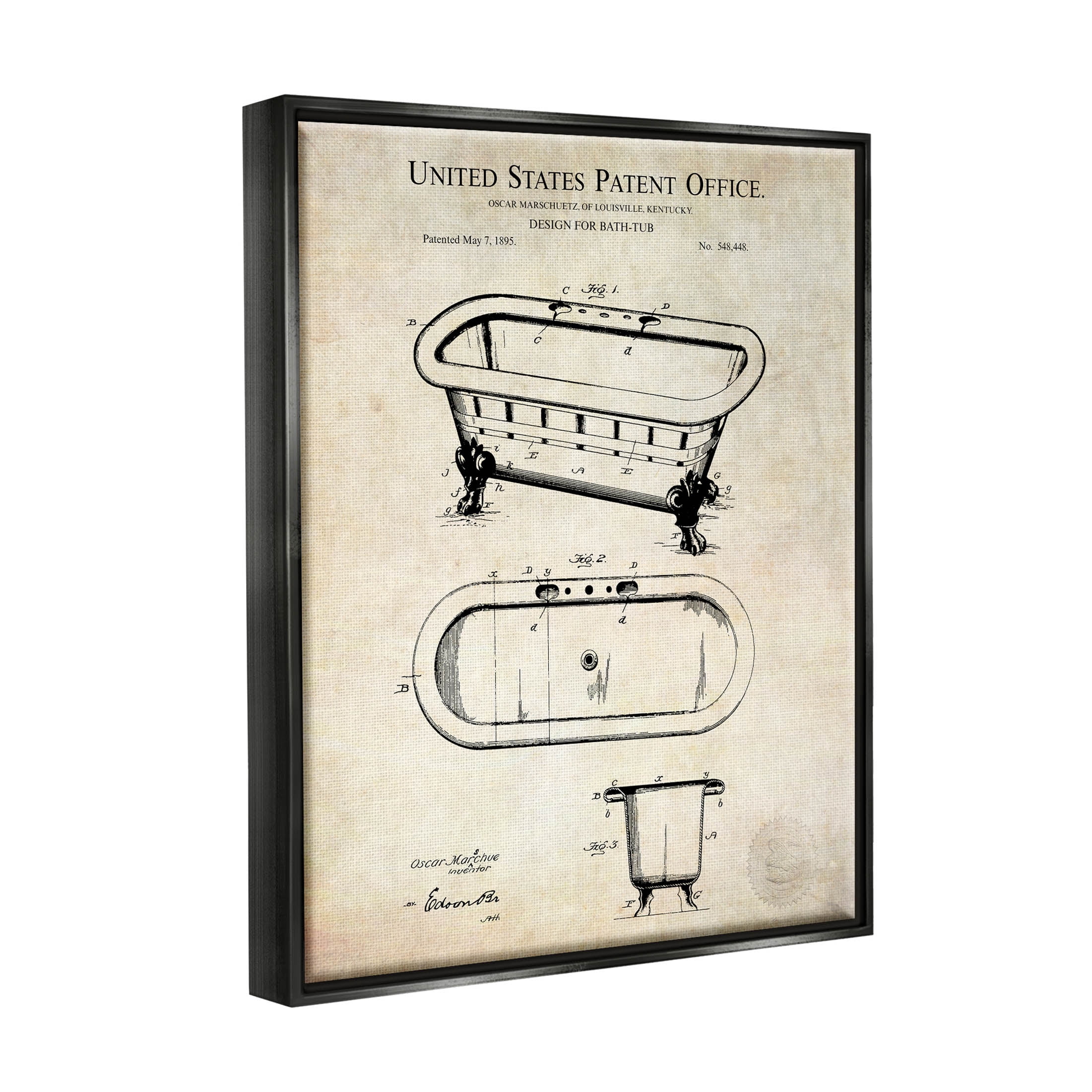 Stupell Industries Vintage Bathtub Patent Diagram Graphic Art Jet Black Floating Framed Canvas Print Wall Art, Design by Karl Hronek