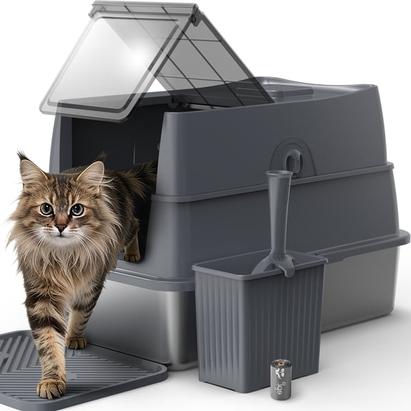 Siooko Extra Large Cat Litter Boxes for Big Cats Multiple, Stainless Steel Litter Box, Metal Cat Litter Box with Mat, Easy to Clean, Dark Gray