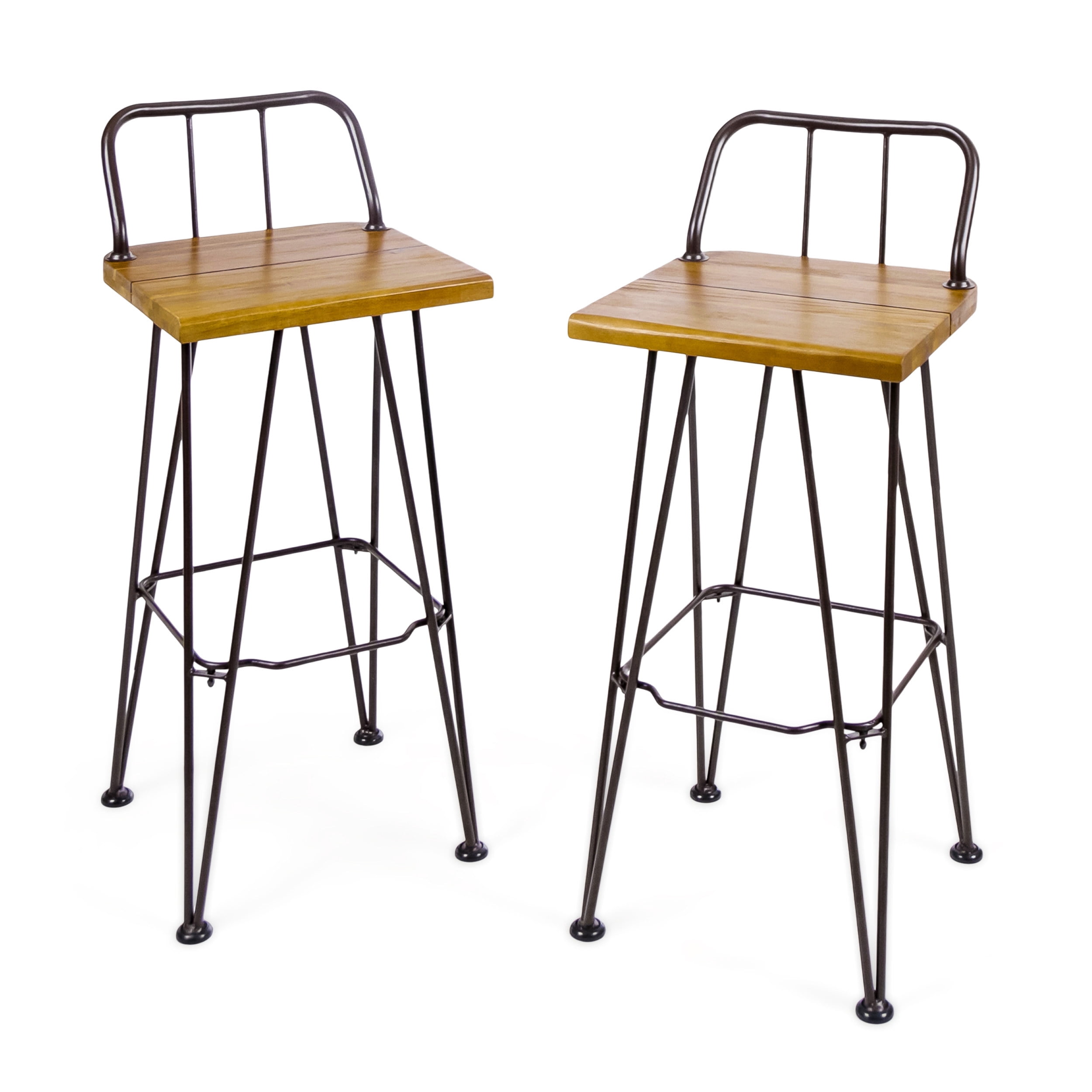 Outdoor Industrial Style Bar Stool Set of 2, Wood and Metal Combined Height Seats for Patio Bar, Teak and Black