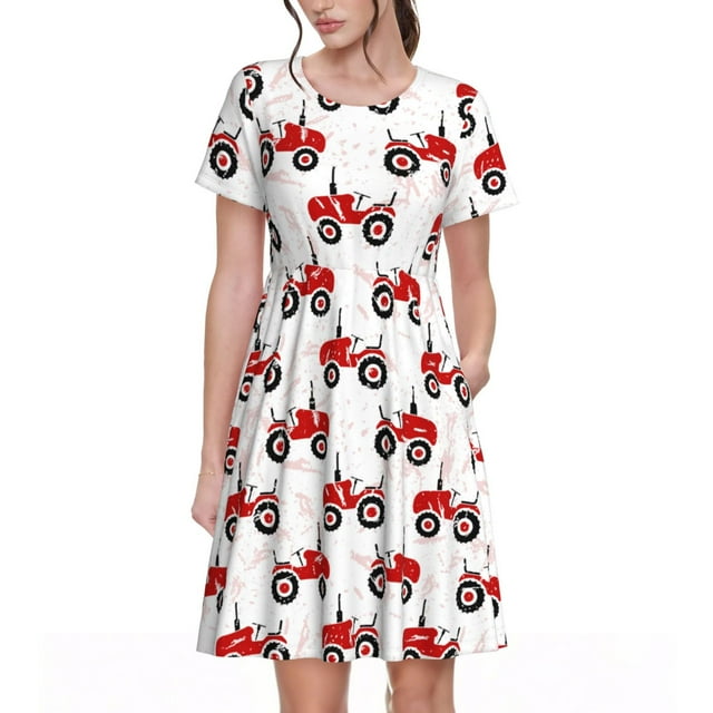 Fotbe Red Wheeled Tractors Vestido Largo de Moda para Mujer, Vestido Tipo Camiseta con Manga Corta y Estilo Casual a Rayas y Bloques de Color