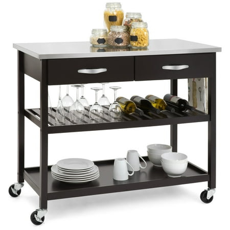 Best Choice Products Pine Wood Kitchen Island Utility Cart with Stainless Steel Countertop and Shelving, (Best Stain For Pine Furniture)