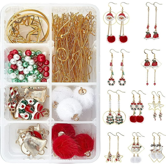1 Box DIY 10 Pairs Christmas Themed Earring Making Kits Santa Claus Snowman Christmas Trees Reindeer Enamel Pendants Charms Mink Fur Covered Pendants for DIY Jewerly Xmas Earrings