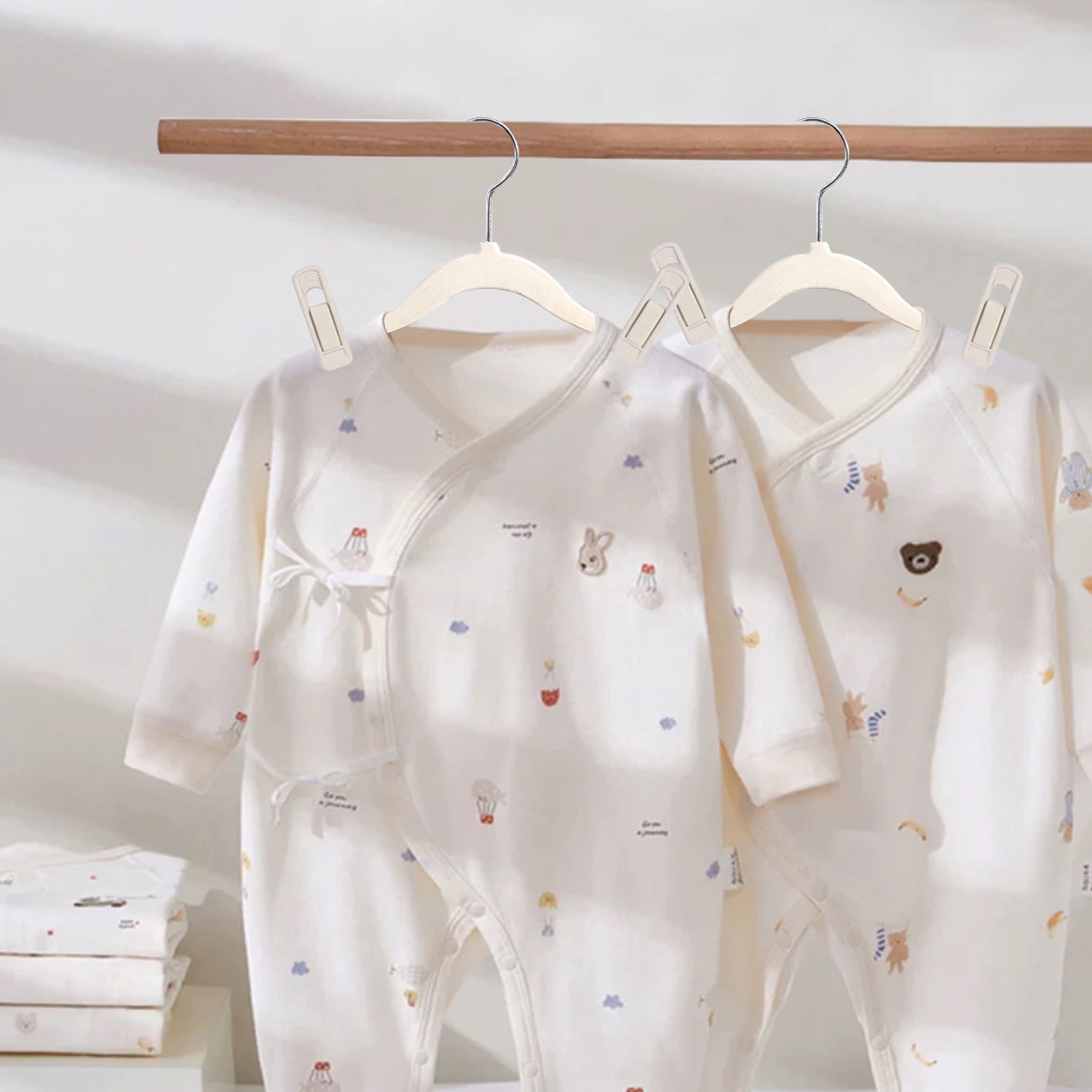 VEGCOO Baby Velvet Hangers(11inch - 50 Pcs), Premium Non Slip Kids Felt Hangers for Clothes for Toddler Kids' Closet with 10 Velvet Hanger Clips - Beige