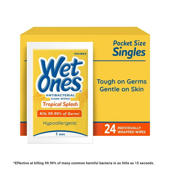 Wet Ones Antibacterial Hand Wipes, Tropical Splash Citrus Scent, 24 Ct Individually Wrapped Wipes