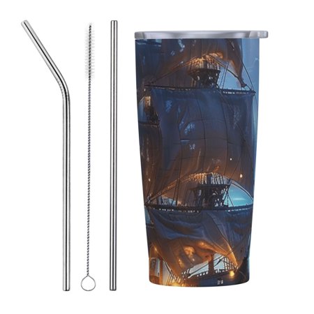 

Night close-up 20 oz stainless steel cup with lid and straw double layered vacuum coffee cup ice and hot drink travel cup car travel insulated cup