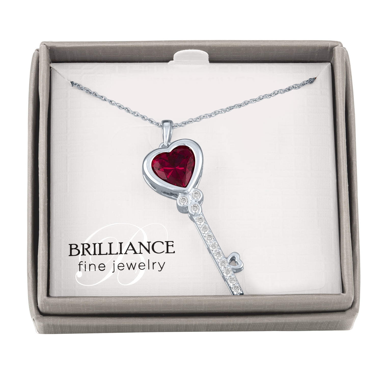 Ladies Brilliance Fine Jewelry Simulated Ruby and CZ Sterling Silver Key Pendant, 18"