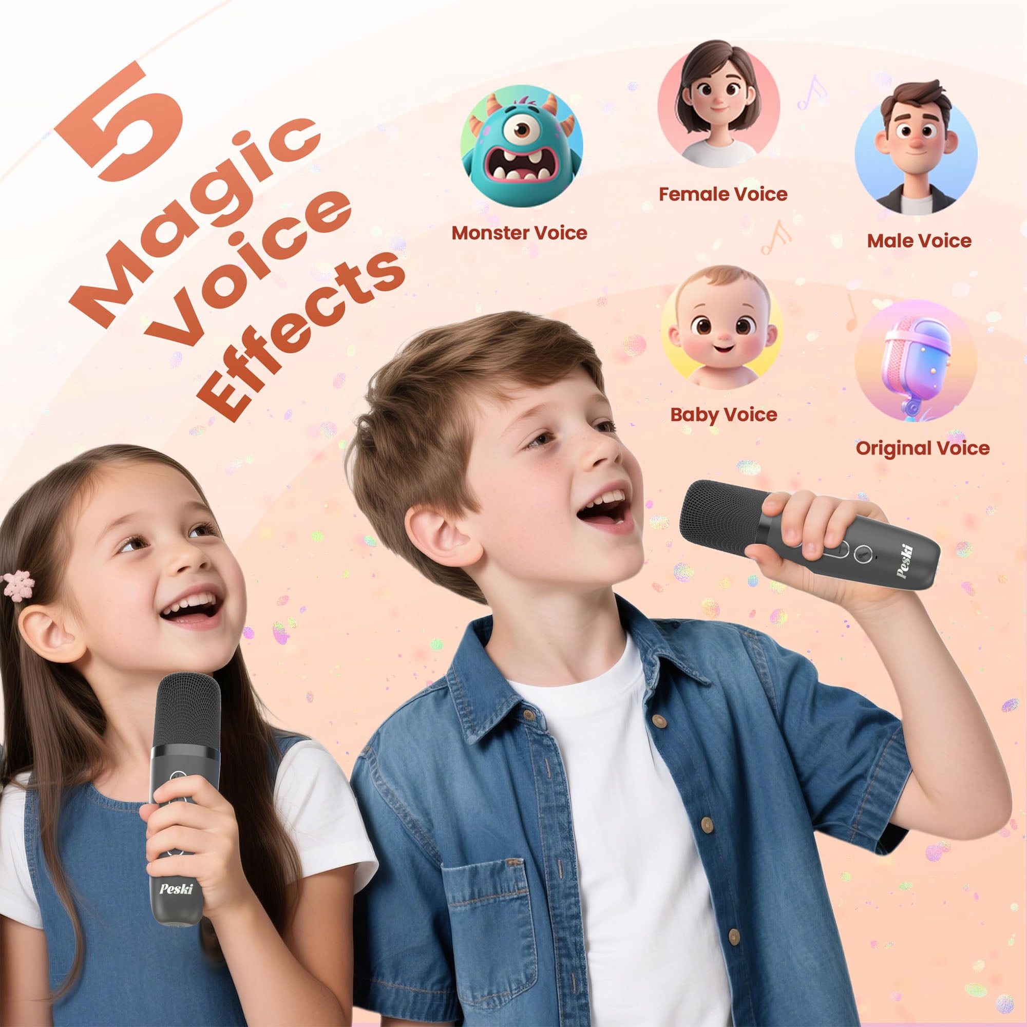 BONAOK Mini Karaoke Machine for Kids, Portable Karaoke Speaker with 2 Wilreless Microphones and Bluetooth for Home Party, Birthday Gifts for Girls(Grey)