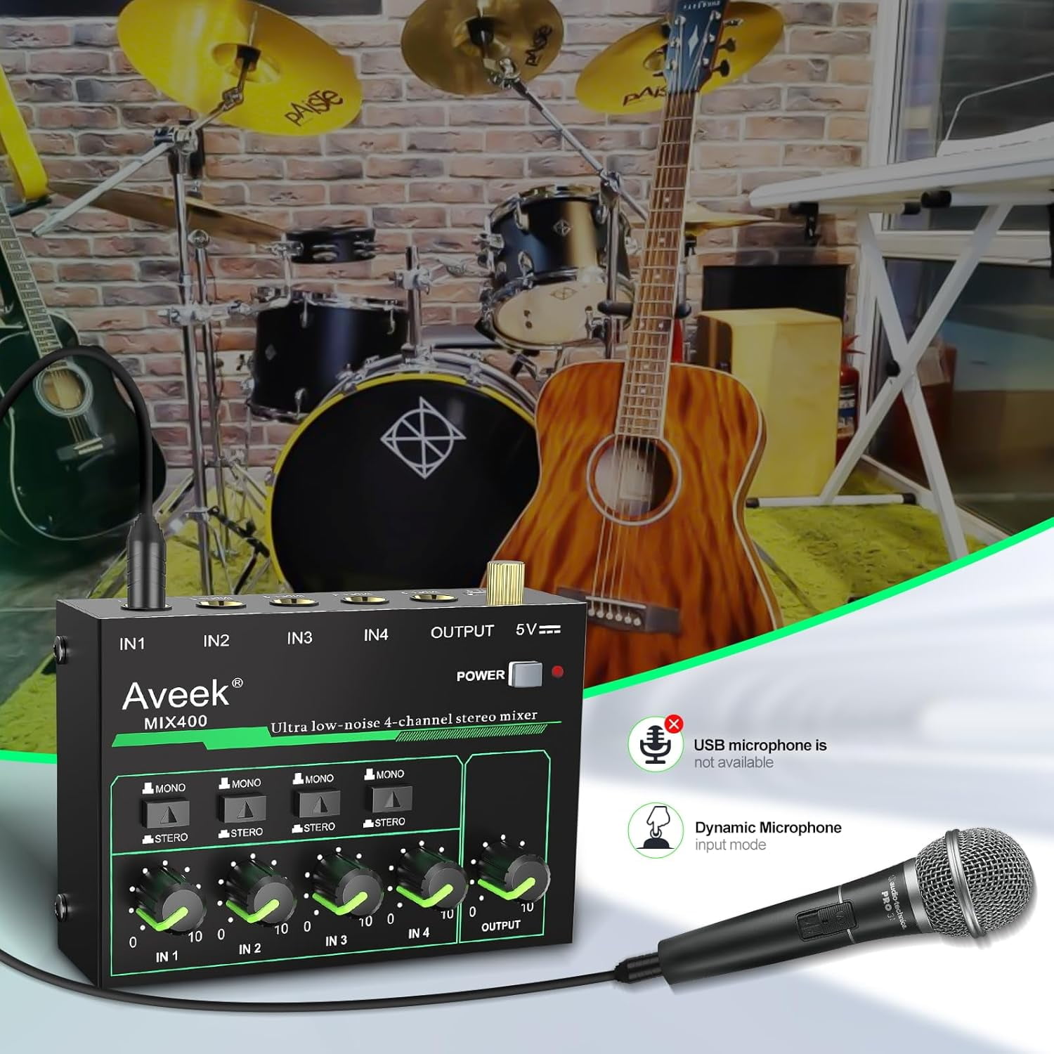 Aveek 4 Channel Mixer - Mini 4 Stereo Audio Mixer, Low-Noise for Precision Sub-Mixing,1/4" TRS Input/Output Ideal for Mics/Guitars/Bass/Stage