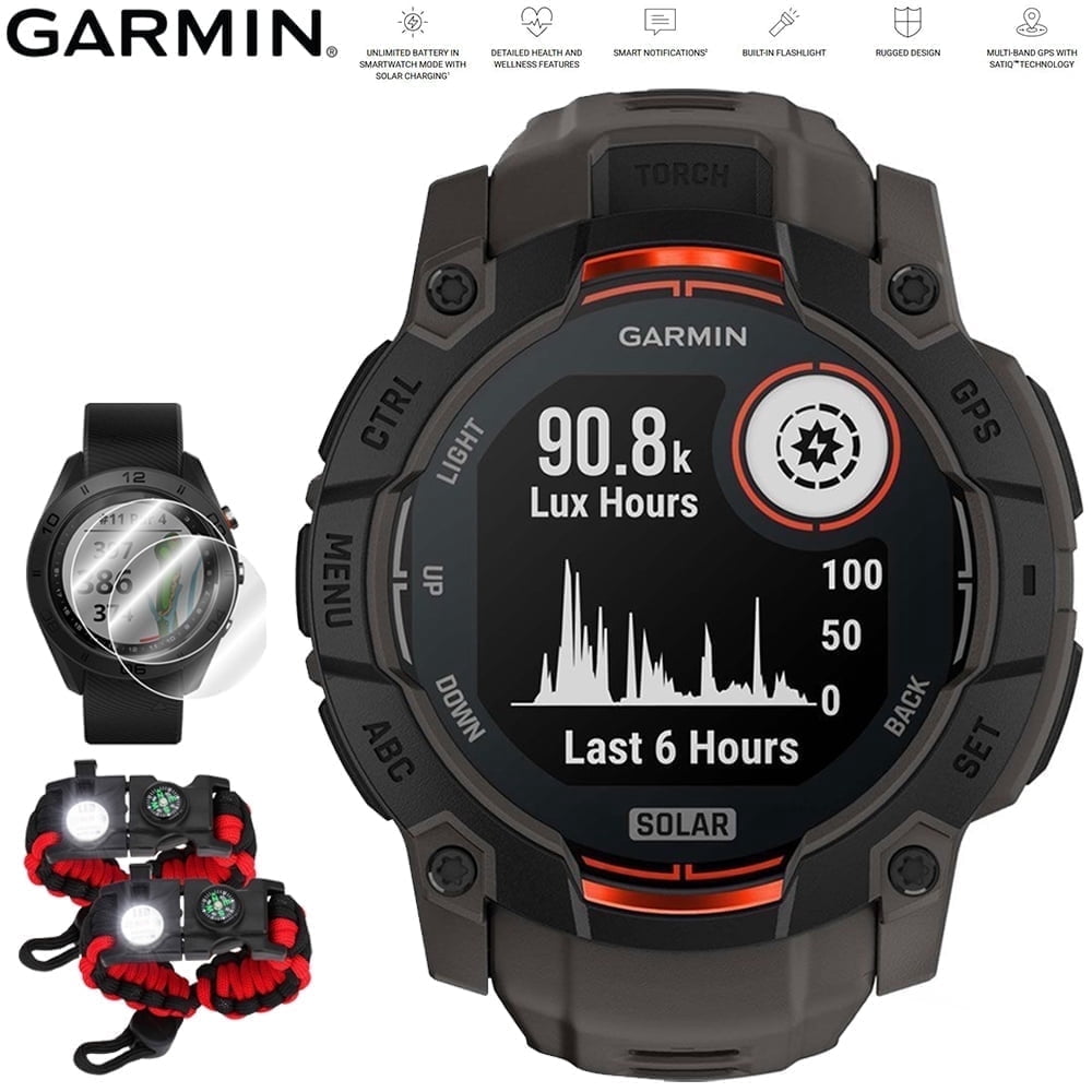 Garmin Instinct 3 50 mm Outdoor GPS Smartwatch SOLAR Black with Charcoal Band 010-02935-00 Bundle with Deco Essentials 2x Screen Protector & 2x Tactical Paracord Bracelet