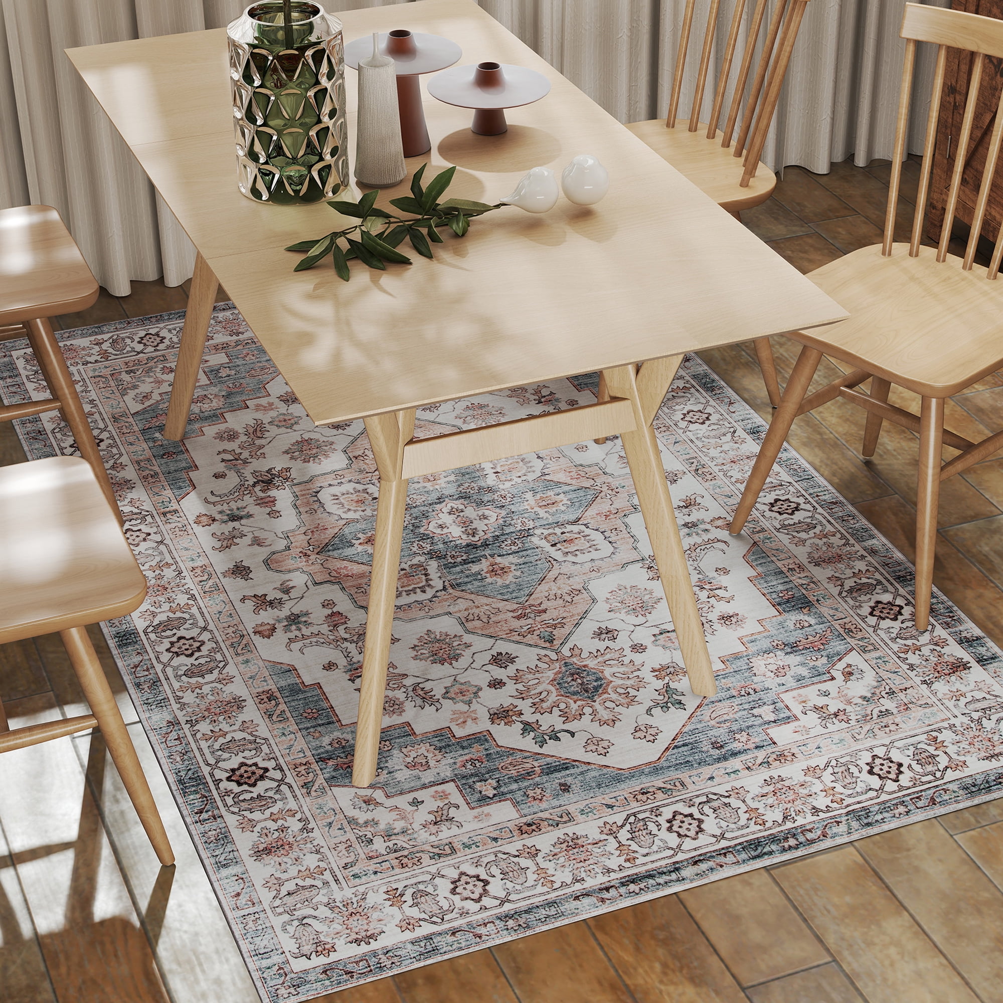 HOMCOM 4x6 Area Rug, Vintage Machine Washable Rug, Non-Slip Low Pile Carpet for Living Room, Bedroom, Dining Room, Home Office, Brown and Light Blue