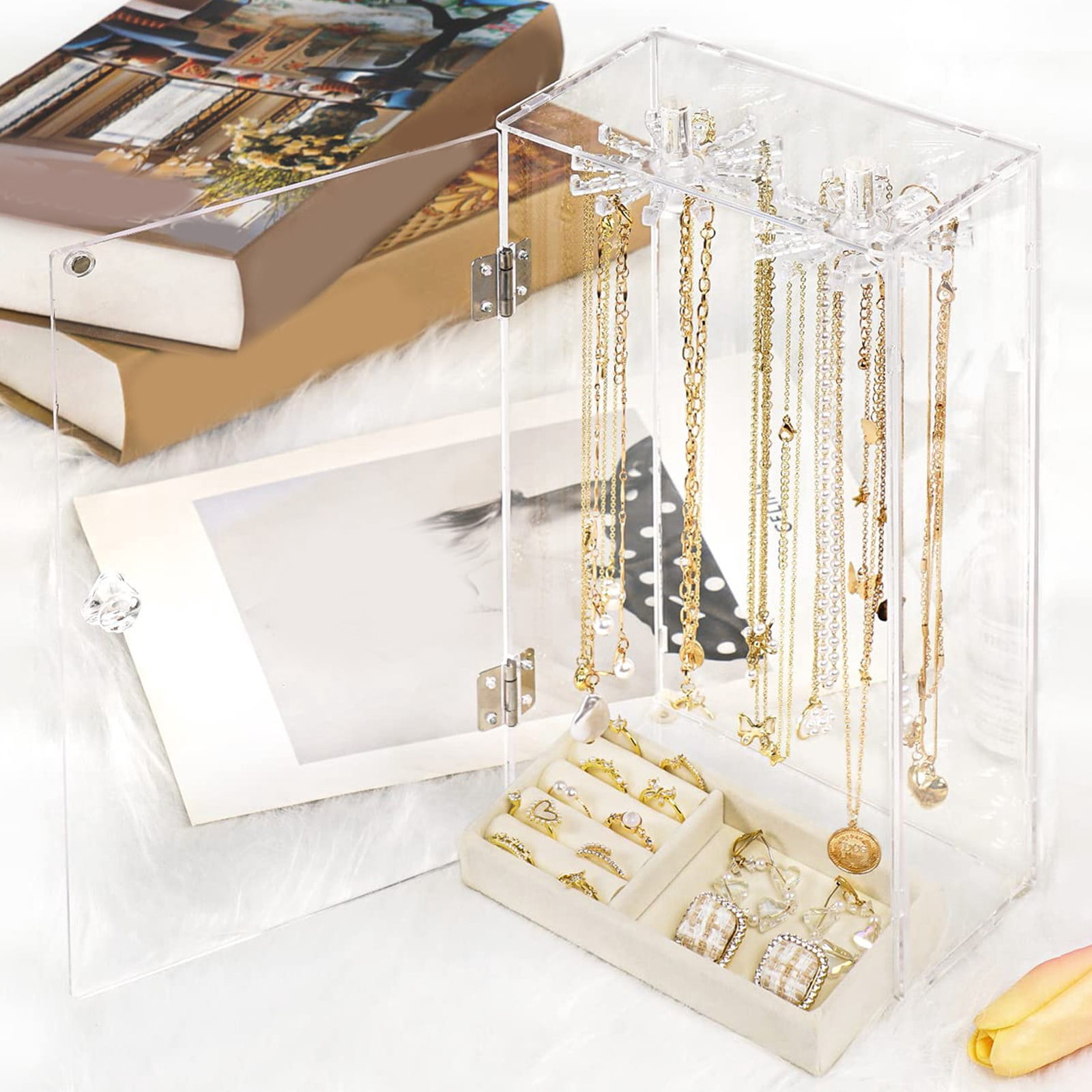 Acrylic Necklace Display Stand Jewelry Organizer Desktop Storage Rack With Door for Bracelets Earrings Rings