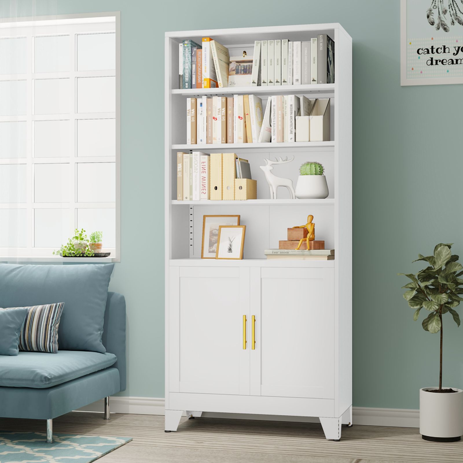 71"H Tall Metal Bookcase/Bookshelf with Doors And 4 Adjustable Shelves for Storage