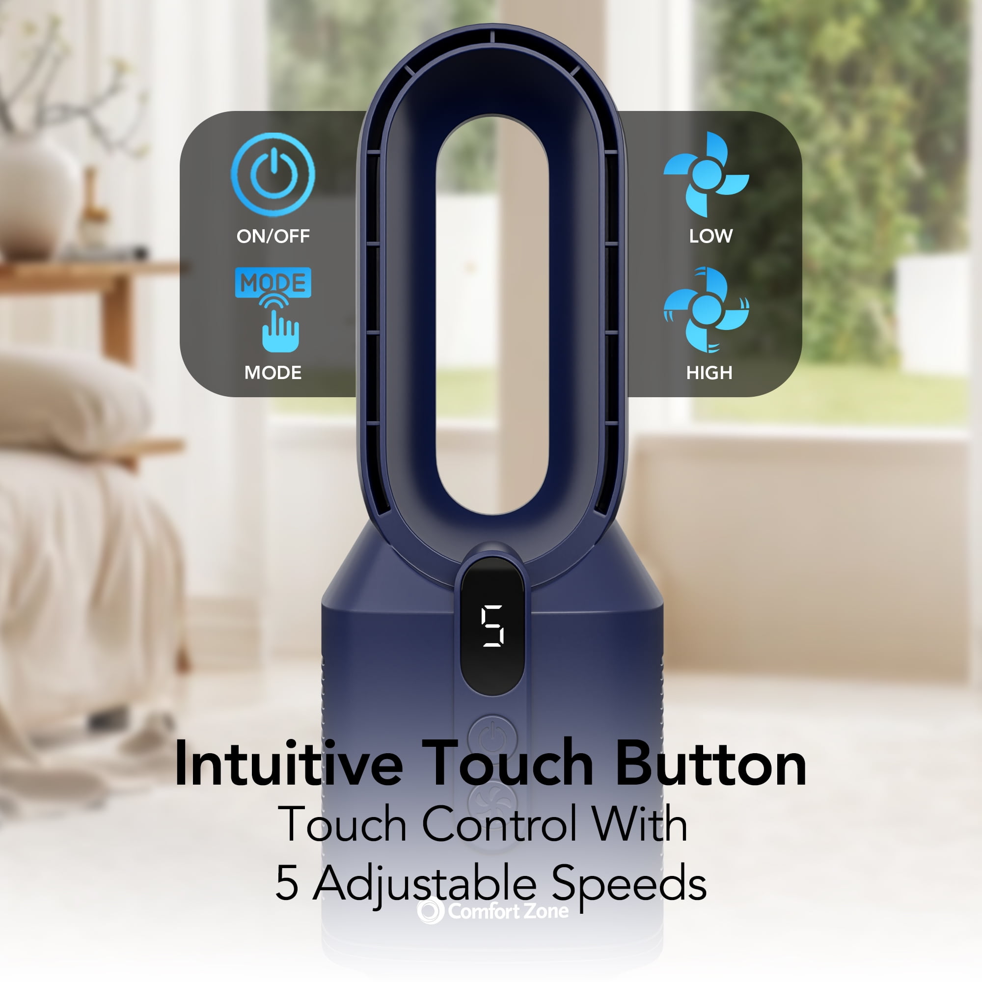 Comfort Zone 14" Rechargeable Bladeless Tabletop Fan, Navy