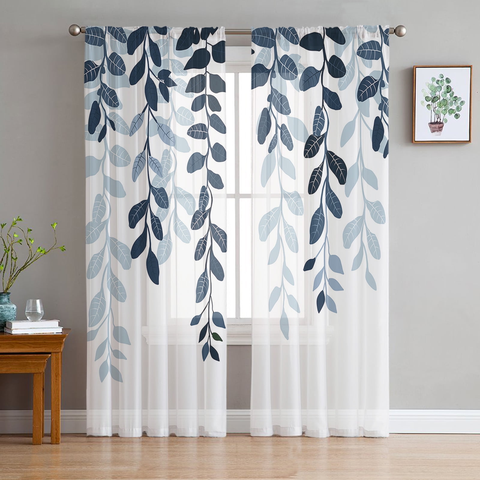 Sheer Curtains 108 inches Long, Plants Blue Leaves Farmhouse Style Gradient Light Filtering Sheer Window Curtains Rod Pocket Voile Drapes for Bedroom Living Room, 52"W x 108"L 2 Panels
