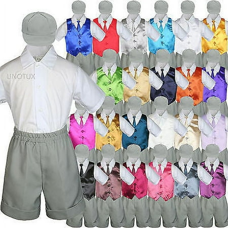 

Baby Boys Toddler Formal Vest Shorts Suit Satin Vest Necktie 5pc Silver Set S-4T