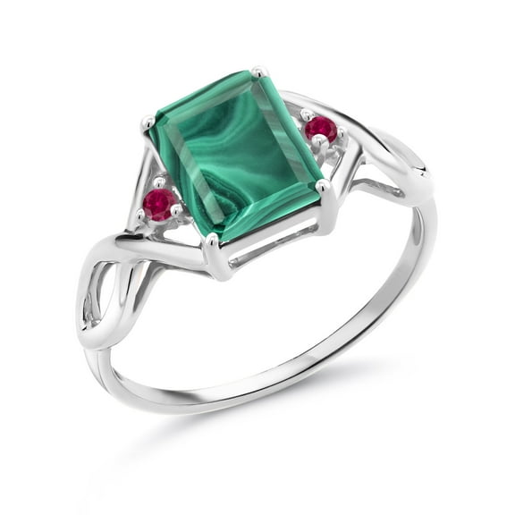 Gem Stone King 925 Sterling Silver Emerald Cut Green Malachite and Red Created Ruby Women Ring (3.60 Cttw, Gemstone Birthstone, Size 6)