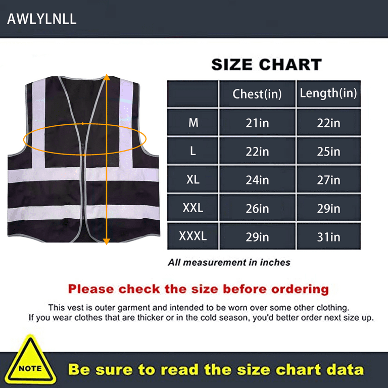 Awlylnll Reflective Safety Vest for Women Men High Visibility Security with Zipper Front Meets ANSI Standards Neon Black XXX Large Size 3XL