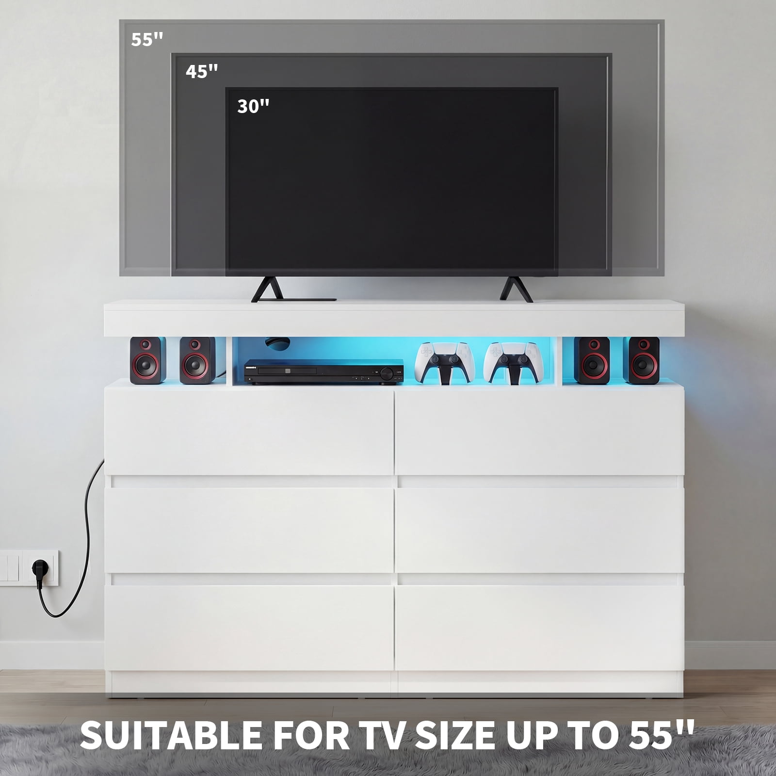 Hommpa White LED 6 Drawers Dresser for Bedroom, Chest of Drawers with Charging Station and LED Lights, TV Stand Tall Dresser for Closet, Wooden Modern Storage Cabinet for Living Room, Entryway