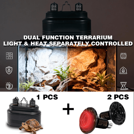 Dual Reptile Light Fixture with Switches, Includes 2 x 100W Heat Bulbs, E26 Base, Max 160W, Reptile Heat & UVB Lamp Holder for Lizards, Snakes, Turtles & Amphibians