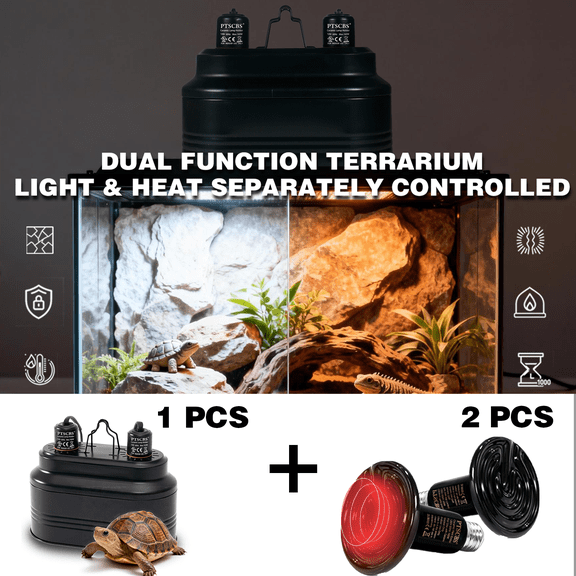 Dual Reptile Light Fixture with Switches, Includes 2 x 100W Heat Bulbs, E26 Base, Max 160W, Reptile Heat & UVB Lamp Holder for Lizards, Snakes, Turtles & Amphibians