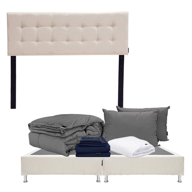 Box Base Cama King Size + Cabecera Bilbao Crema + Almohada 2Pack + Protector Cloud + Sabanas Softy + Edredon Homy