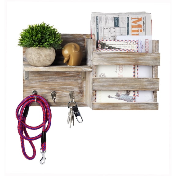 DUCIHBA Entryway Mail Organizer - Key Holder Hooks - Home Decorative Single Wall Shelf - Rustic Wood, White - 16.5" W x 4.5" D x 9.75" H, Holds 10lbs