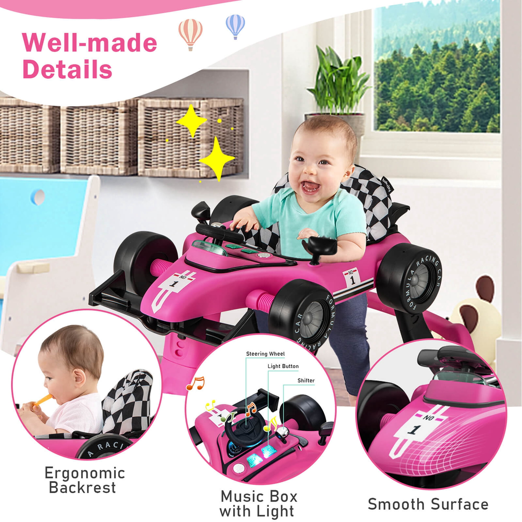 Costway 4-in-1 Baby Walker Foldable Activity Walker with Adjustable Height & Speed Deep 6-18 Months Pink