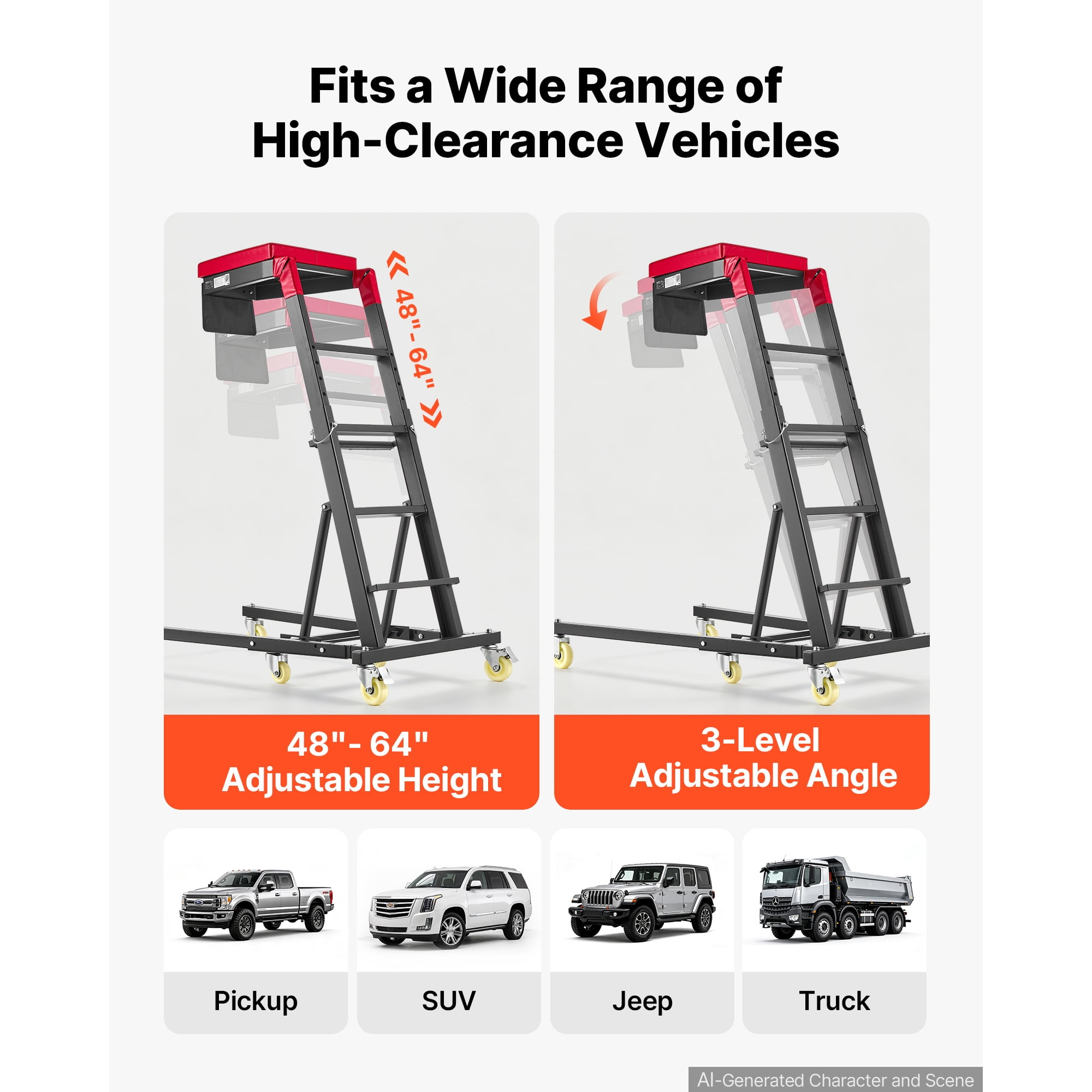 KFFKFF Adjustable Automotive Creeper, 48"-64" High Top Design, Foldable with 400 lbs Steel Support, Stable H-Frame Base, 6 Smooth Wheels for Vehicle Repair and Maintenance