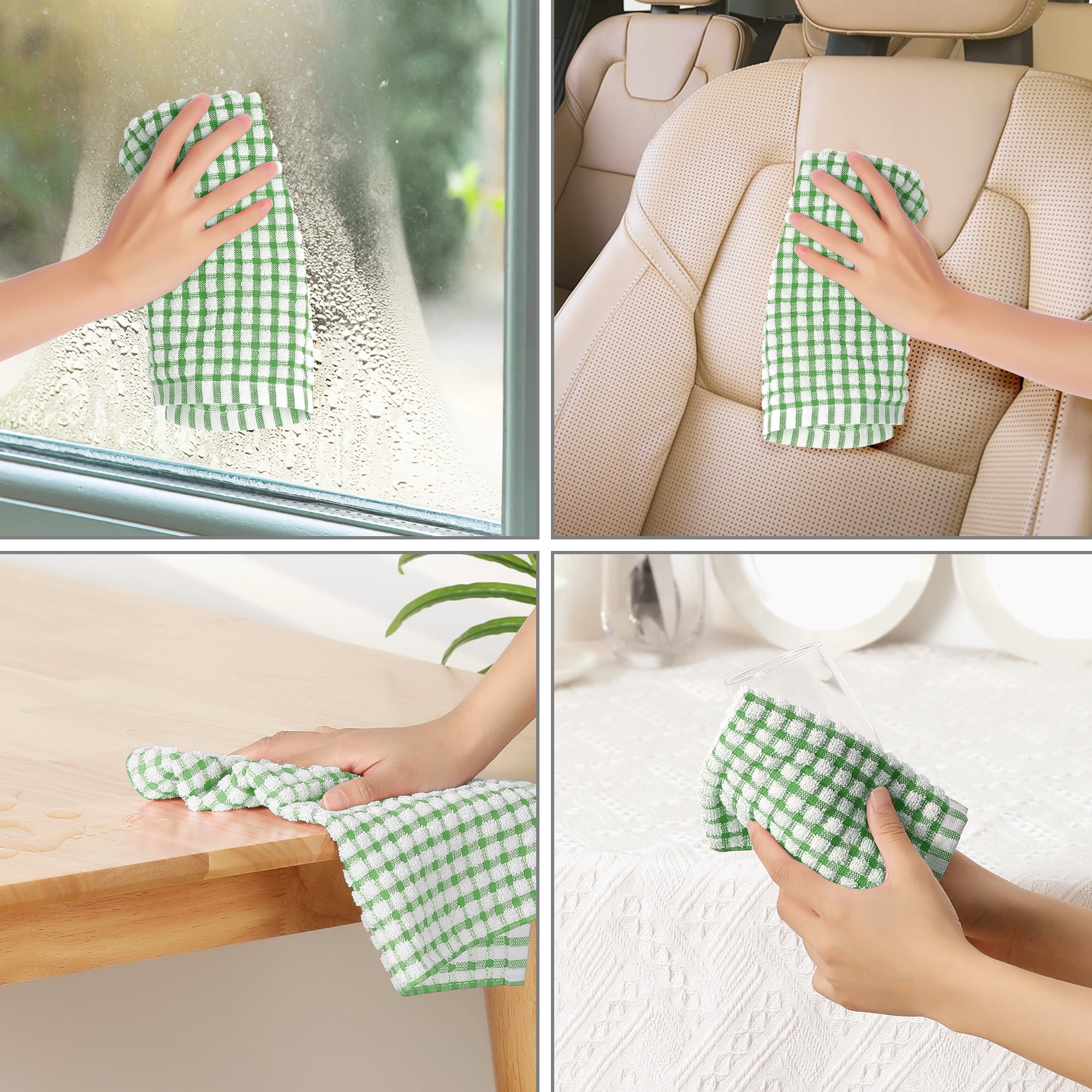 REGALWOVEN 100% Cotton Kitchen Dish Towels, 12 Pack Checked Dishcloths Set for Drying Dishes Green 12" x 12"