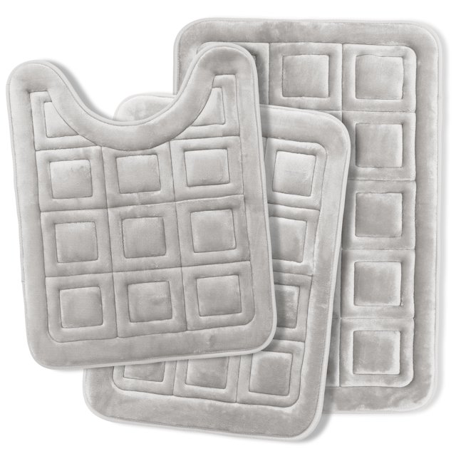 Clara Clark Bathroom Rugs, Velvet Memory Foam Bath Mat, Ultra Soft Non Slip and Absorbent - Waffled - Set Small, Large & Contour - Silver
