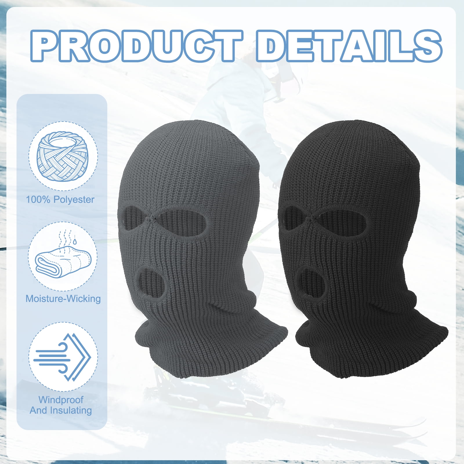 Uxcell 3-Hole Full Face Mask Cover, Ski Mask Knitted Warm Knit Cover Winter Balaclava Face Mask Cap Ski Polyester&2Pcs&Black/Dark Gray-Fitting for(Men/Women/Winter Outdoor Sports/Skiing)