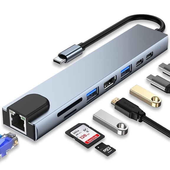 USB C Hub Ethernet HDMI Adapter,8 in 1 Docking Station with 4K HDMI, RJ45 Ethernet, SD/TF Card Reader, USB 3.0/2.0, PD 100W, LAN USB-C Dongle for MacBook Pro/Air, iPad Pro, XPS, etc
