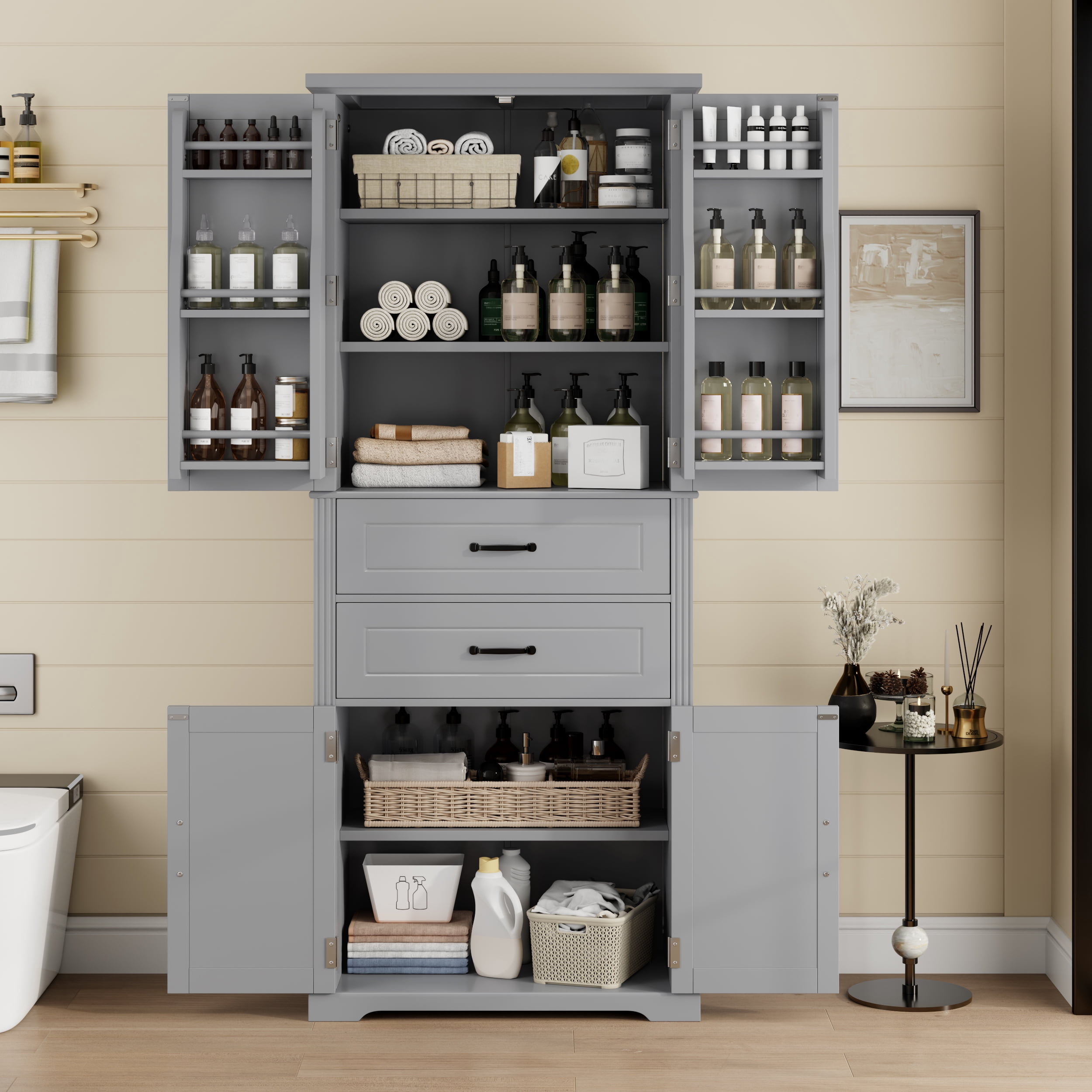 Mintazer 72.5" Freestanding Tall Bathroom Cabinet with 2 Drawers & Adjustable Shelves, Pantry Cabinet with Multi-Functional Storage Space for Bathroom Bedroom Laundry Room, Grey