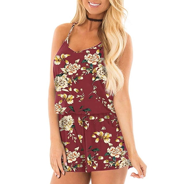 SuoKom Jumpsuits For Womens Floral Printed Pocket Strapless Playsuits Short Jumpsuit Rompers Women's Jumpsuits,Rompers & Overalls On Clearance