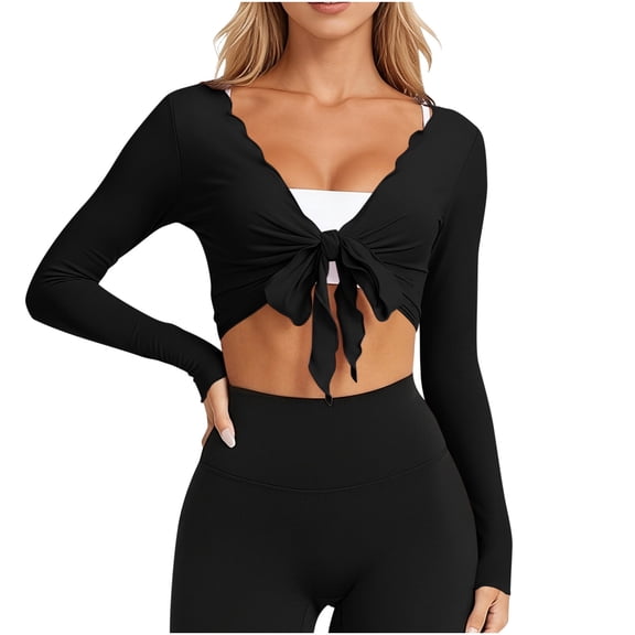 Daiosportswear Women Tie Front Wrap Tops Long Sleeve Pilate Ballet Ruffle Bolero Shrugs Crop Yoga Layering Workout Cardigan Cover Up,Cover-Up for Women Black M(M)
