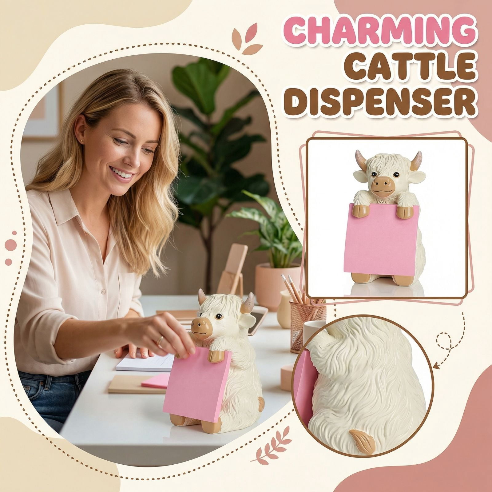 3.94in Resin Highland Cow Sticky Note Holder for Office Desk Decor, Cute Animal Memo Pad Dispenser Home Desktop Organizer Accessory