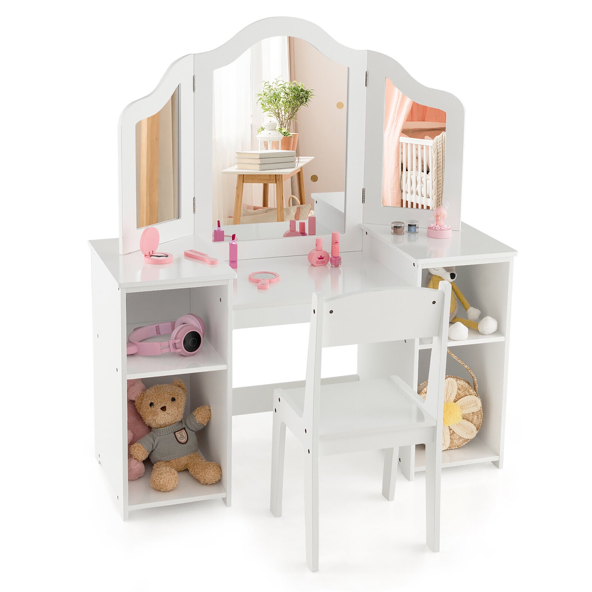 Gymax Kids Vanity 2 in 1 Princess Makeup Desk Chair Set Safe Tri fold Mirror White