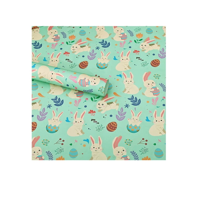E 28X20 Inch Easter Gift Wrapping Paper With Bunny Egg And Flower Print For Holiday Present Packaging Spring Party Decoration Diy Crafts