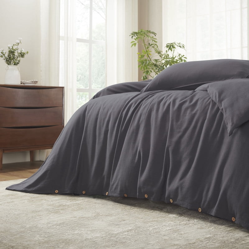 Superior Chloe 100% Cotton Percale Linen Texture Duvet Cover Set, Full/ Queen, Washed Plum