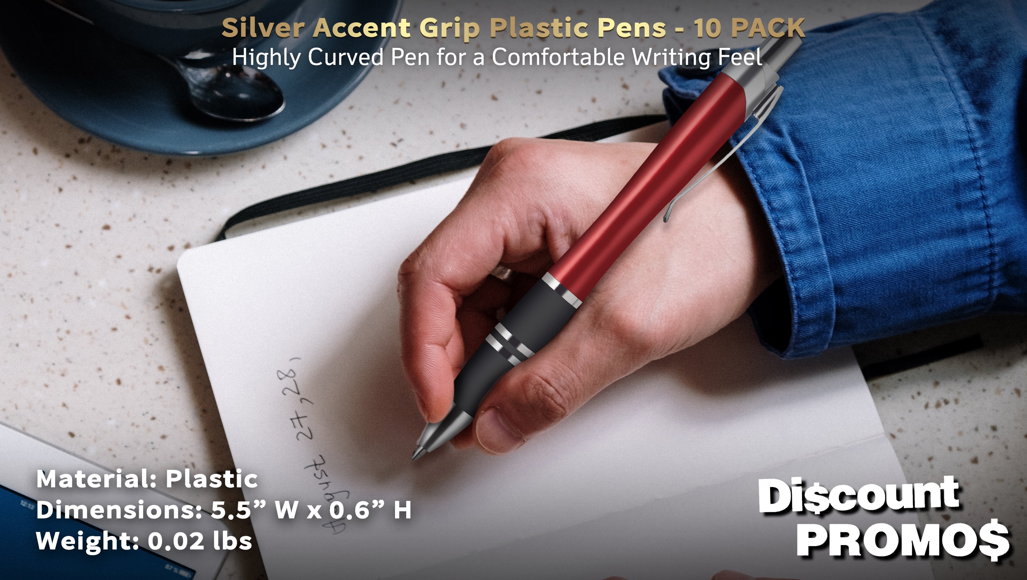 10 Silver Accent Grip Plastic Pens Pack - Click action, Rubber Grip - Red