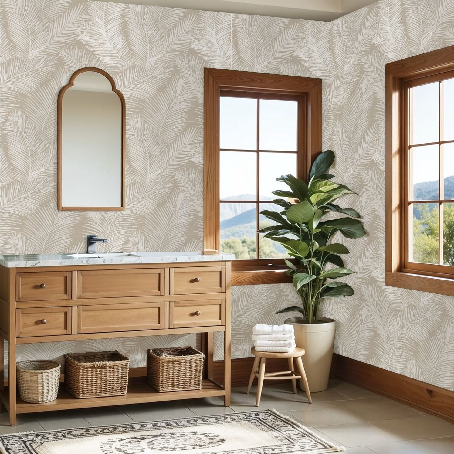 Peel and Stick Wallpaper Elegant Palm Leaves Neutral Tones Wall Mural 23.6in x 9.8ft Self Adhesive Removable Wall Paper Renter Friendly Wallpaper for Nursery Bedroom Cabinets