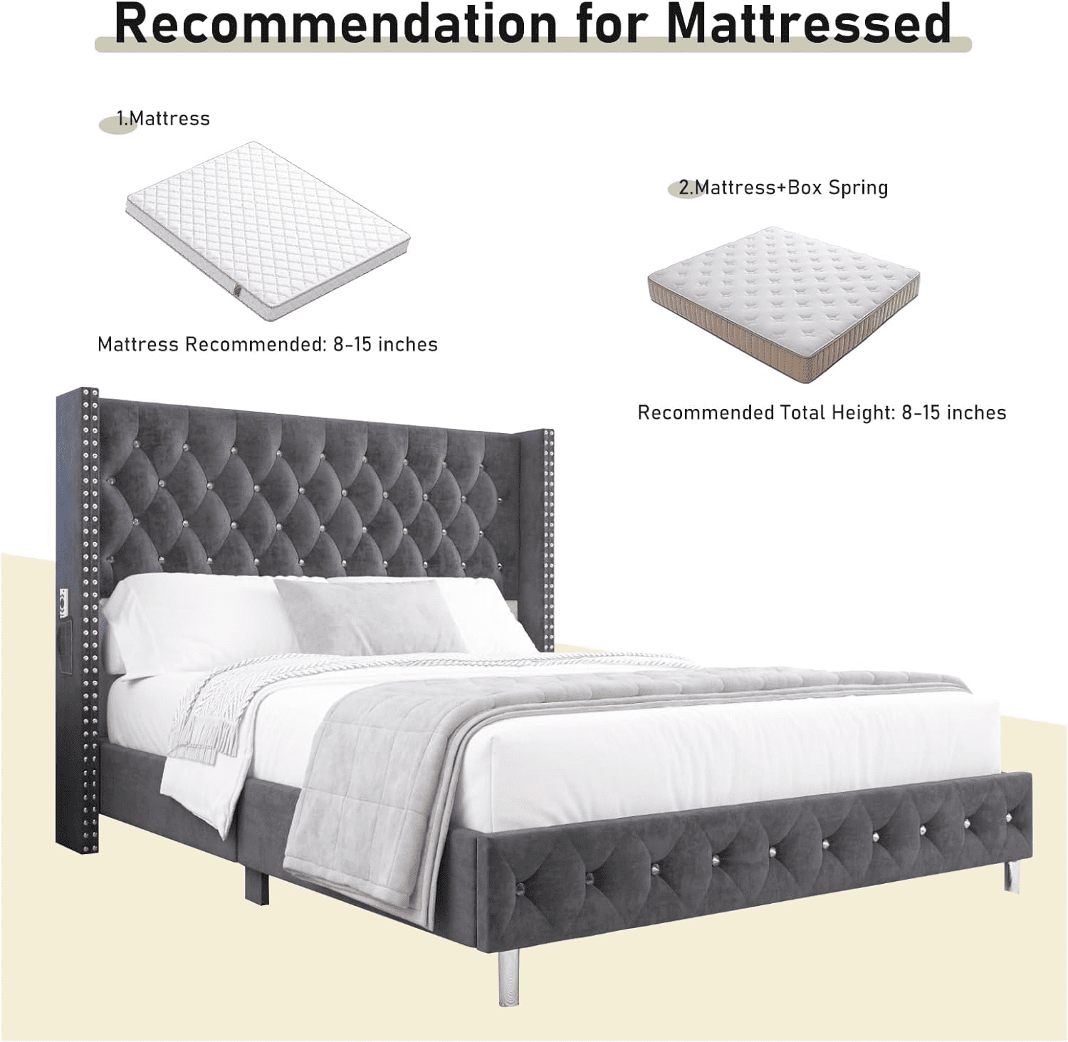 Blotout Queen LED Upholstered Bed Frame with Wingback Headboard, Velvet Diamond Button Tufted Bed Frame USB & Type-C Ports and Side Pockets, Wood Slats Support, No Box Spring Needed