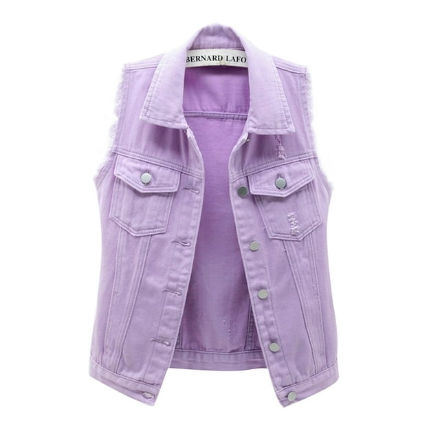 Denim Vest for Women Plus Size Casual Button Down Solid Color Ripped Crop Jacket Vest Waistcoat Streetwear