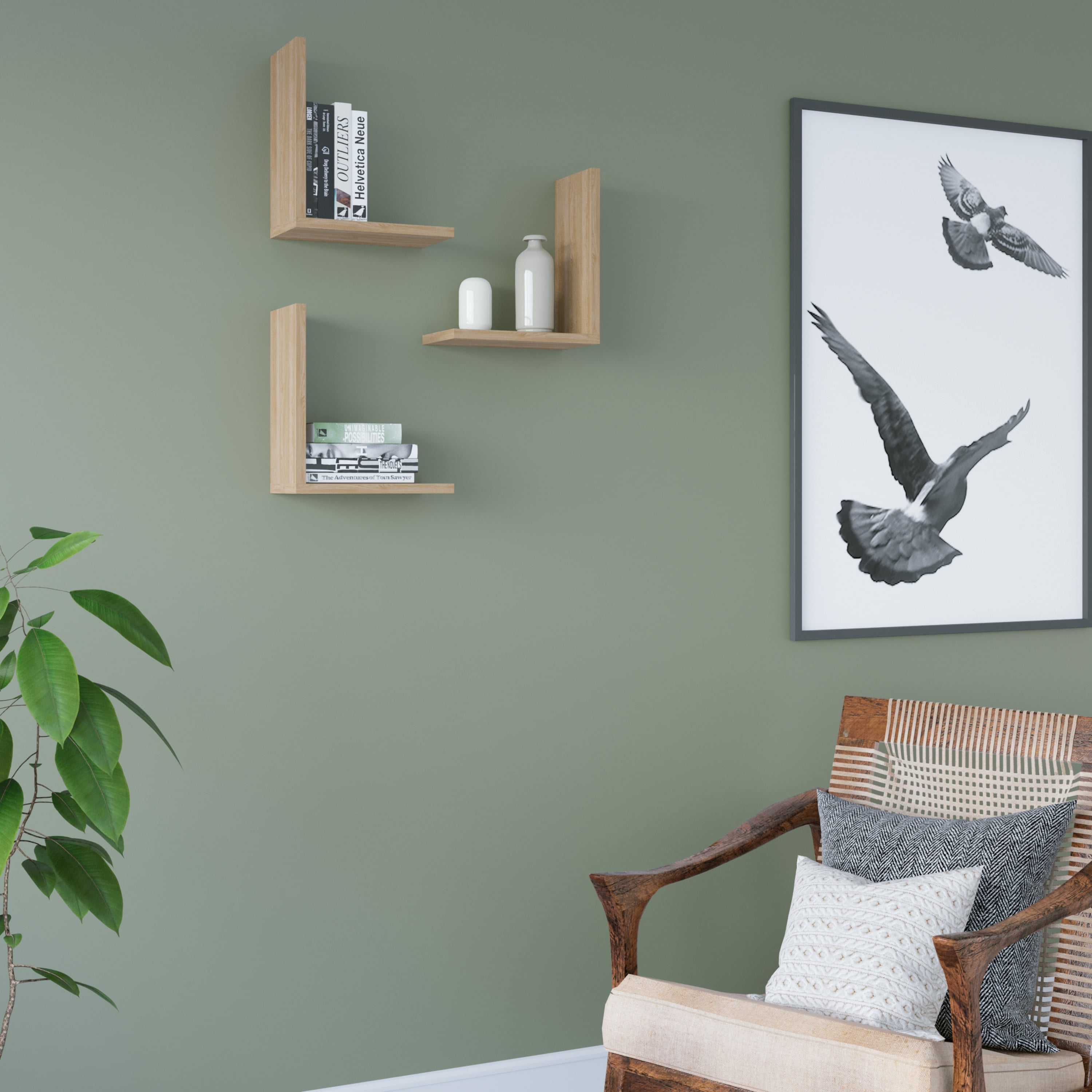 Ada Home Decor Furniture 11.8" 3 Tier Oak Wesley Modern Wall Shelf